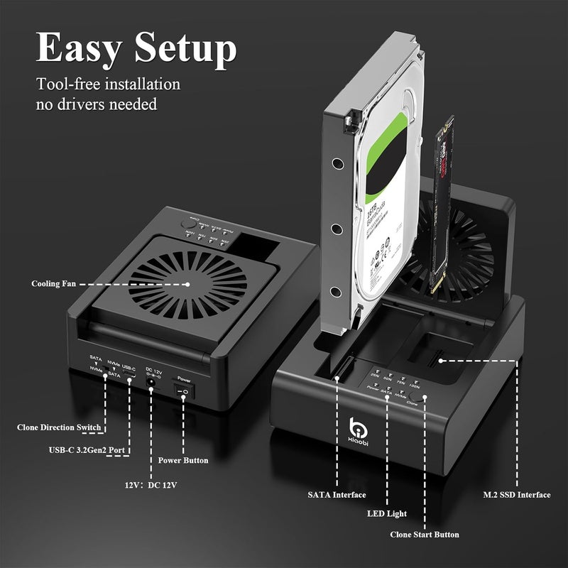 xiaobi M.2 NVMe & SATA HDD Docking Station,10Gbps USB3.2 Gen2 SSD Cloner for M.2 NVMe SSD + SATA 2.5”/3.5” HDD Converter, Offline Cloning, Tool-Free, Cooling Fan - Image 2